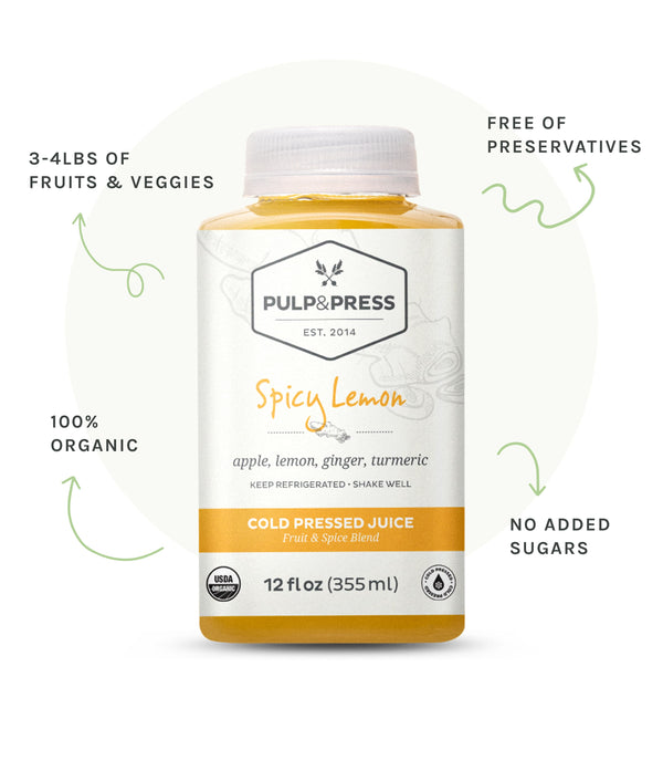 Bottle of spicy lemon juice. 3 to 4 pounds of fruits and vegetables. Free of preservatives. 100% organic. No added sugars.