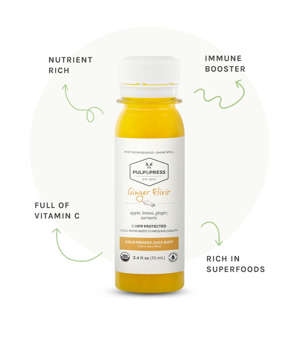 Bottle of ginger elixir. Nutrient rich. Immune booster. Full of vitamin c. Rich in superfoods.