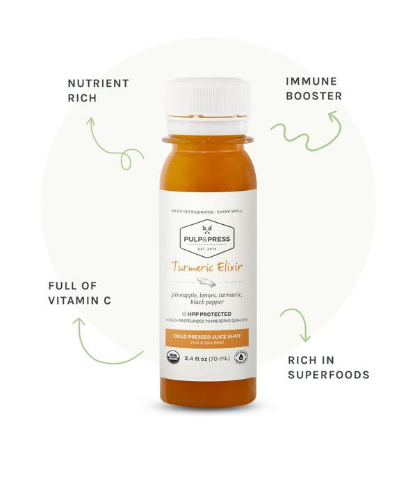 Bottle of turmeric elixir. Nutrient rich. Immune booster. Full of vitamin c. Rich in superfoods.