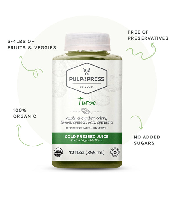 Bottle of turbo juice. 3 to 4 pounds of fruits and vegetables. Free of preservatives. 100% organic. No added sugars.