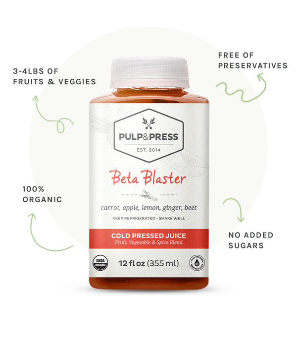 Bottle of beta blaster juice. 3-4 pounds of fruits and veggies. Free of preservatives. 100% organic. No added sugars.