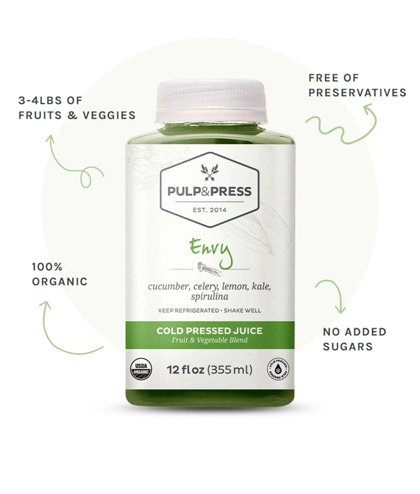 Bottle of Envy juice. 3-4lbs of fruits and vegetables. Free of preservatives. 100% organic. No added sugars
