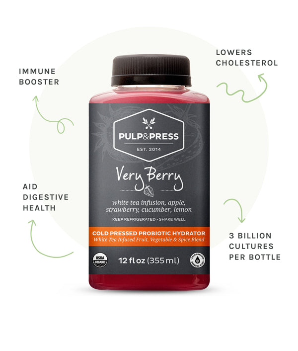 Bottle of very berry probiotic hydrator. Immune booster. Lowers cholesterol. Aid digestive health. 3 billion cultures per bottle.