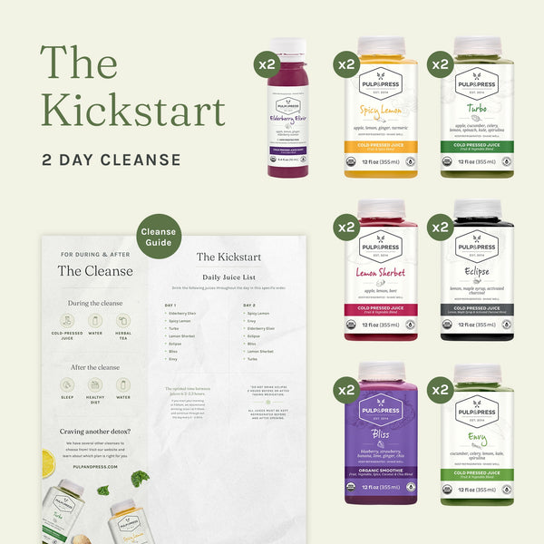 kickstart 2 day juice cleanse includes 2 of the following juices, elderberry wellness shot, spicy lemon, turbo, lemon sherbet, eclipse, bliss, and envy. Guide included.