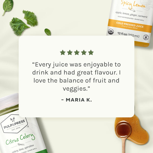 Review, every juice was enjoyable to drink and had great flavour. I love the balance of fruit and veggies. Maria K